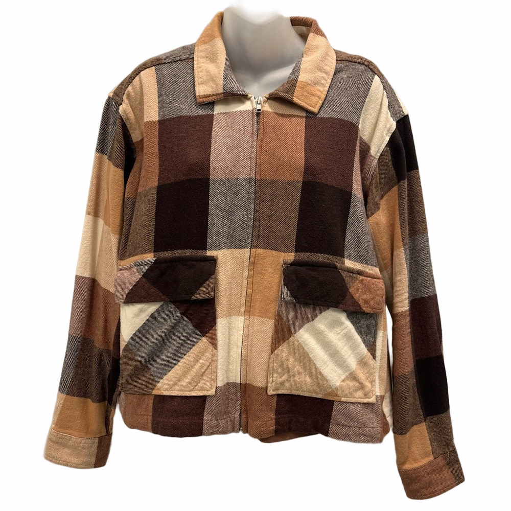beachlunchlounge Plaid Jacket Top in Brown and Tan